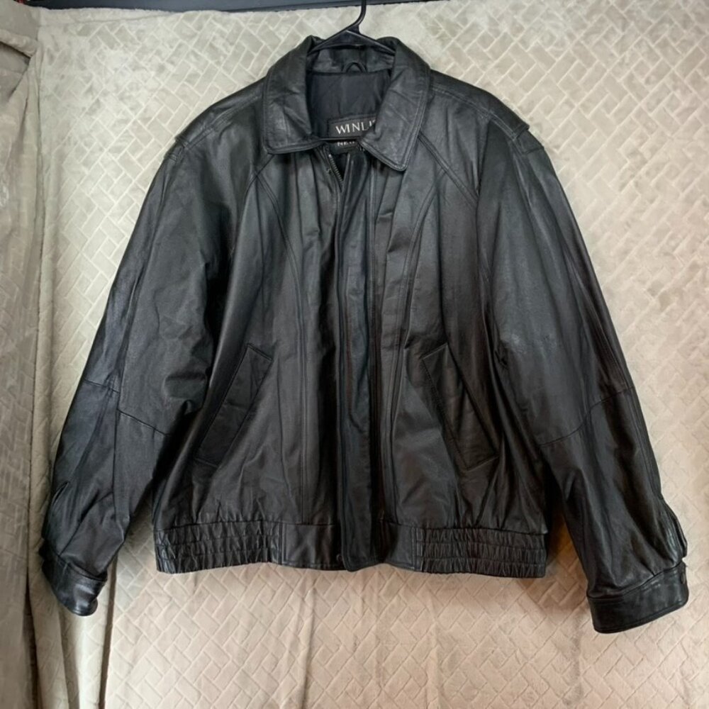 Winlit Mens XL Leather Bomber Jacket Black Short Antique Style Steampunk